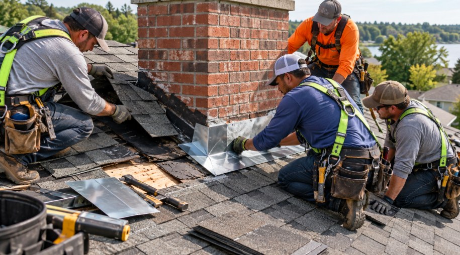 Roofers installing new metal flashing around a brick chimney