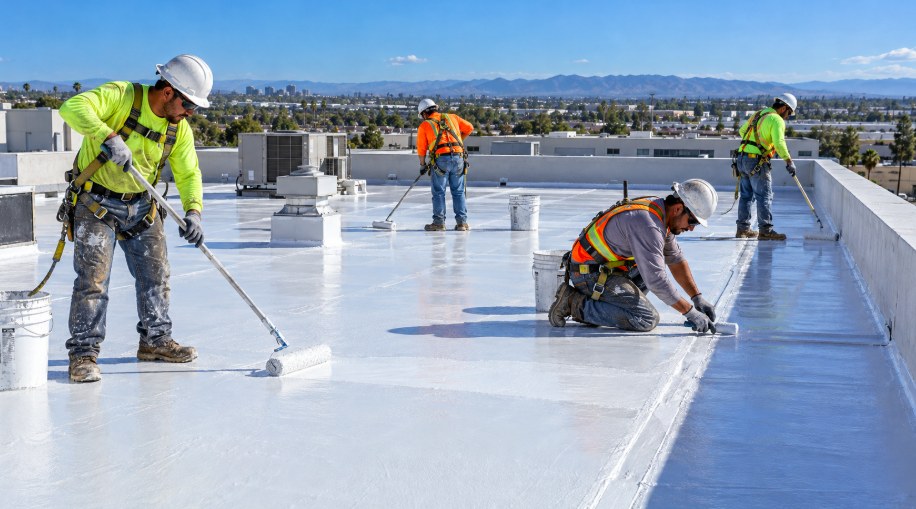 Crew applying white reflective coating to a commercial flat roof in Los Angeles