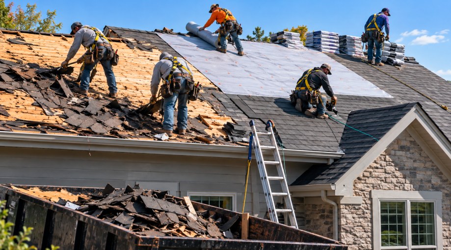 Crew removing old shingles and installing new underlayment and shingles on a home