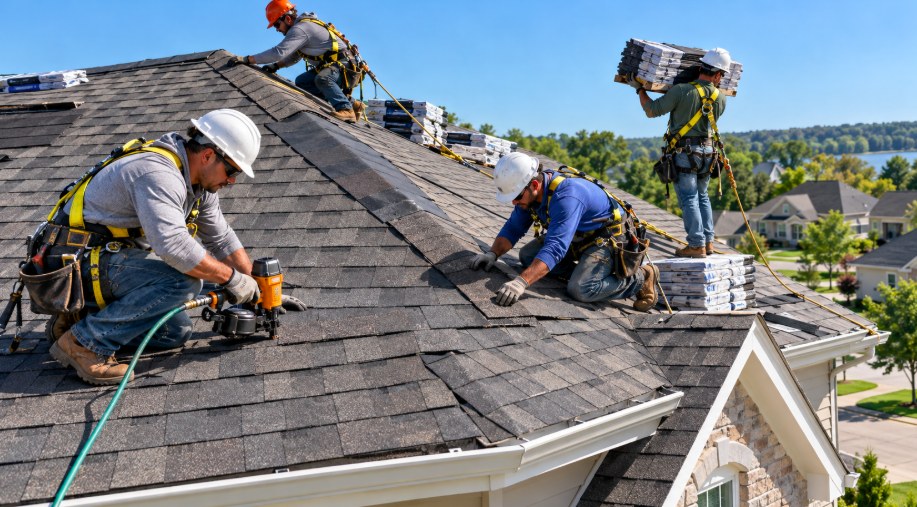 Crew nailing new architectural shingles on a residential roof