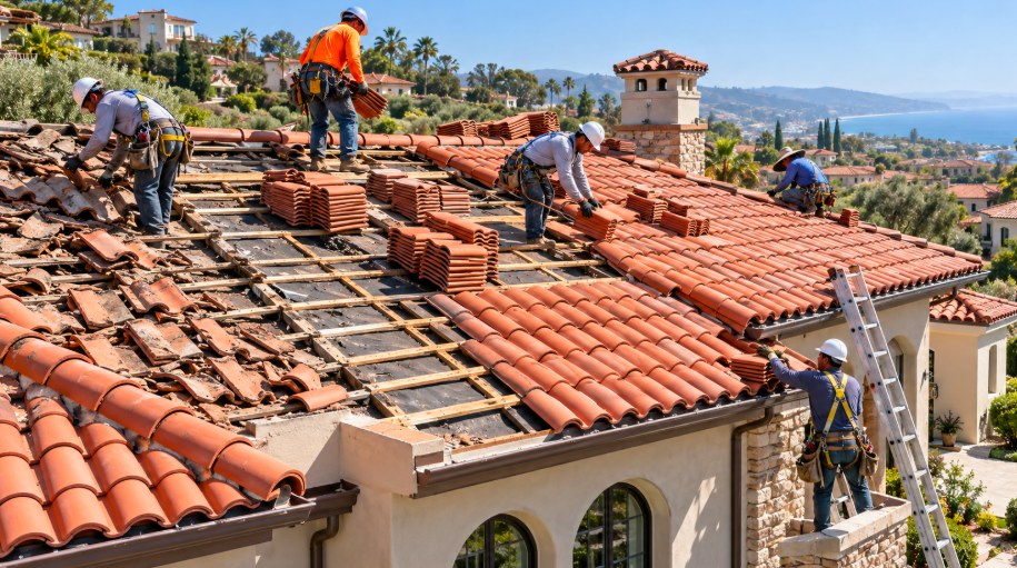 Roofers installing new clay tiles on a Spanish-style home