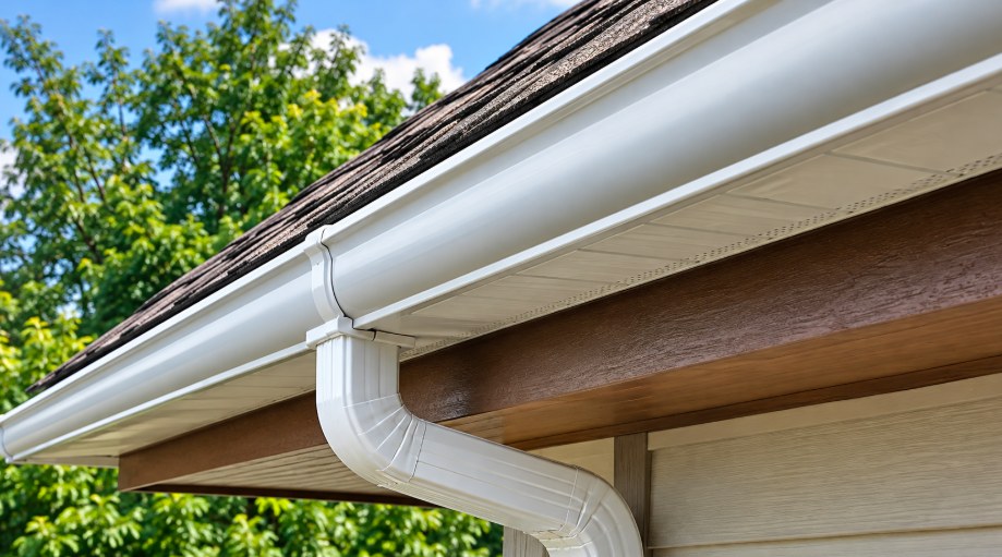 White seamless gutter and downspout installation