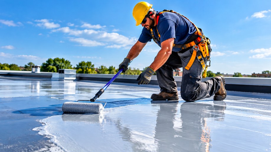 Roofer applying a protective roof coating to a flat roof