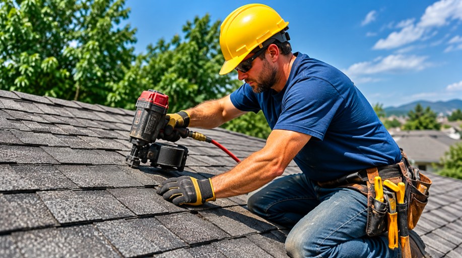 Roofer inspecting and securing roof shingles