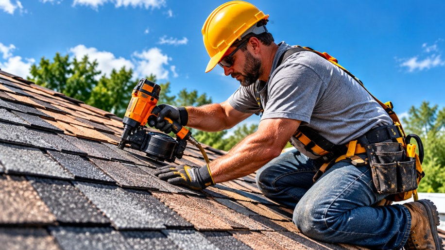 Roofer repairing a roof leak with a nail gun
