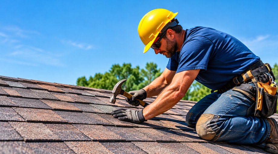 Roofer repairing asphalt shingles with a hammer