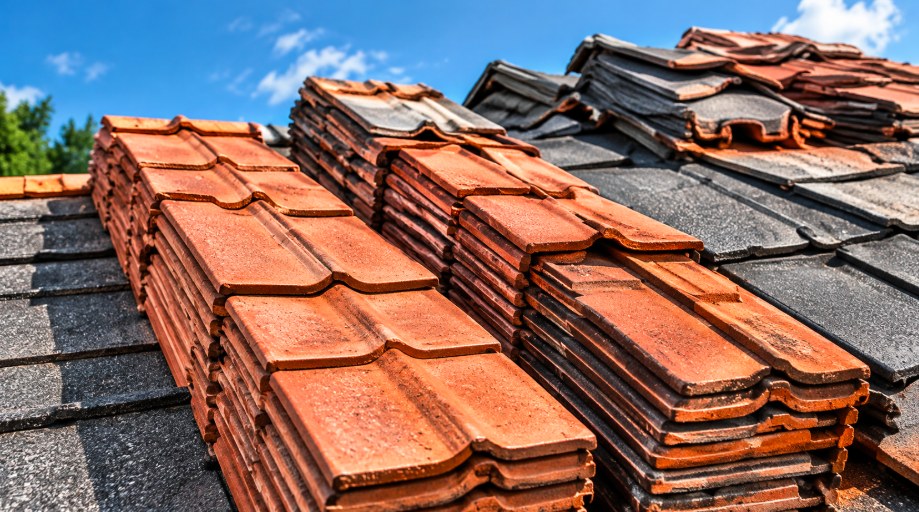Stacks of clay roofing tiles ready for installation