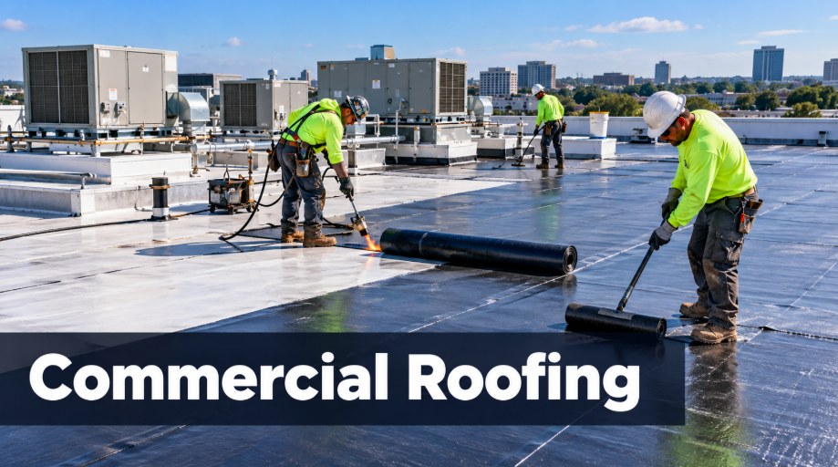 Roofing crew working on a commercial roof in Los Angeles