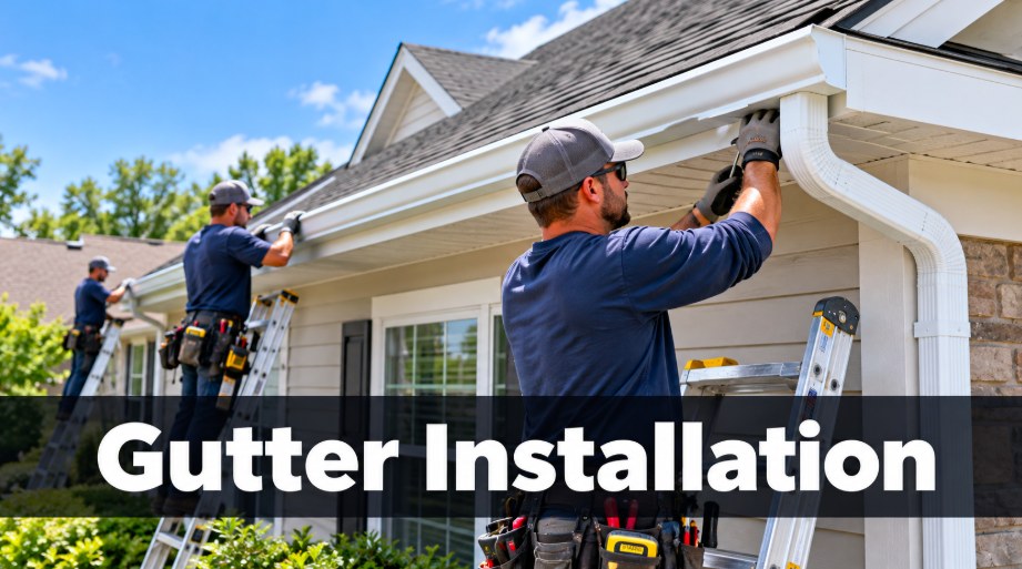Close-up of a gutter corner and downspout connection