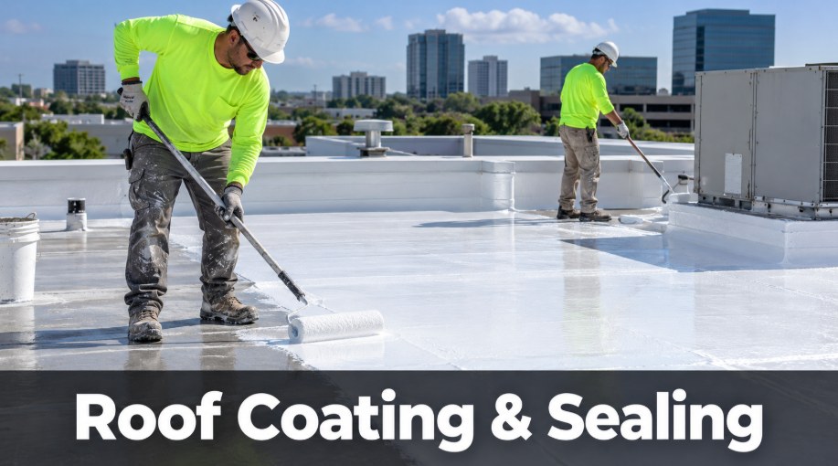 Crew applying a reflective roof coating to a flat roof in Los Angeles