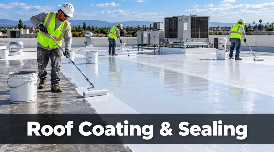 Roofer rolling silicone coating onto a commercial roof