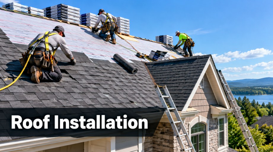 New roof framing and underlayment during a roof installation
