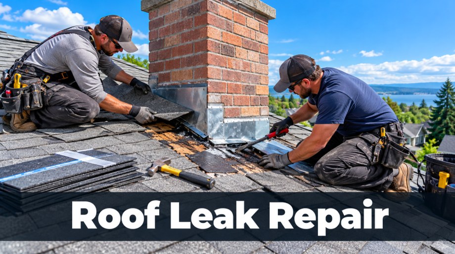 Roofer repairing a roof leak around flashing in Los Angeles